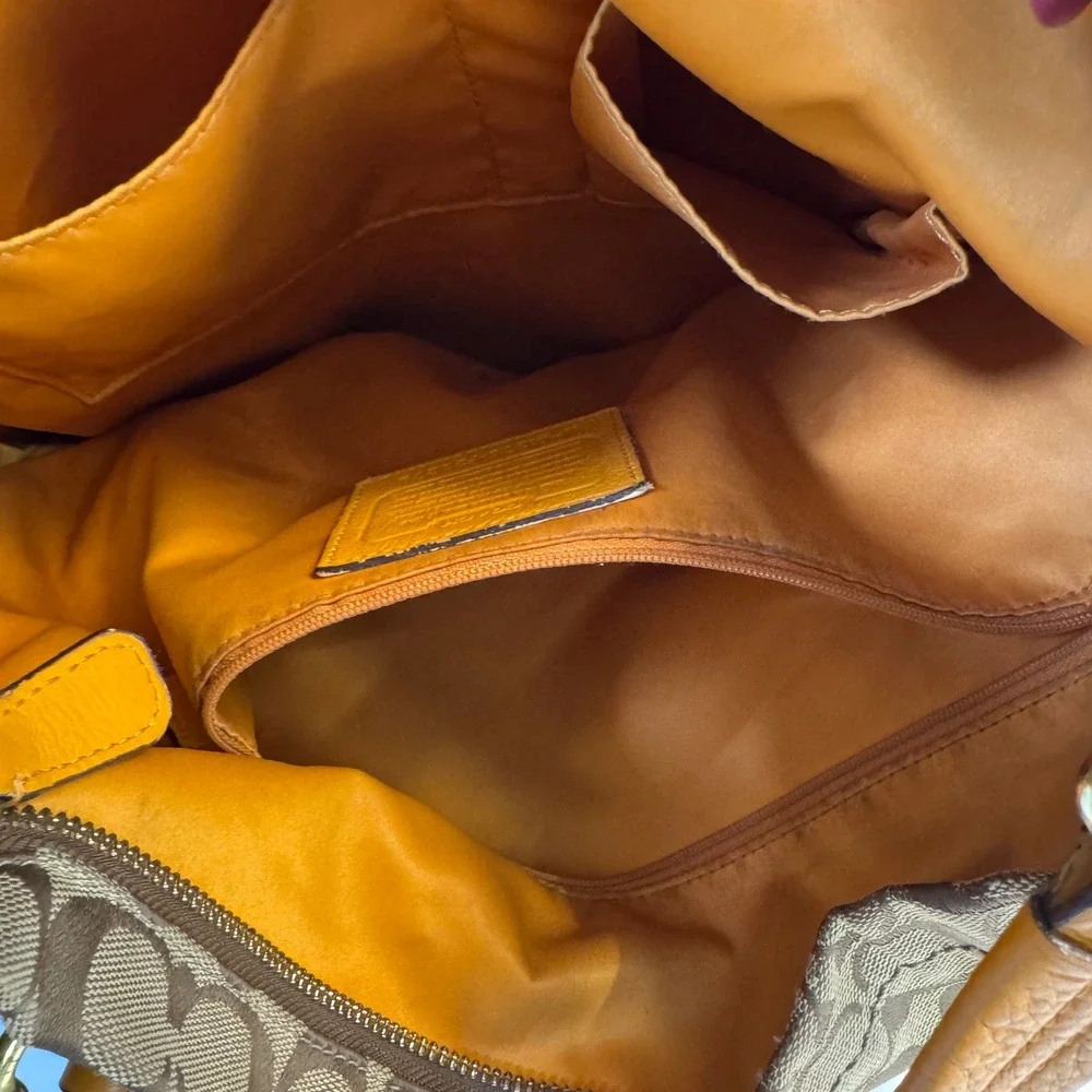 Coach Signature Canvas Hobo Bag Orange Leather Trim Khaki F23279